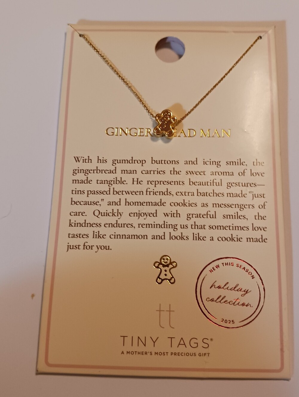 NWT Tiny Tags Gingerbread Man Necklace, Goldtone Holiday Collection